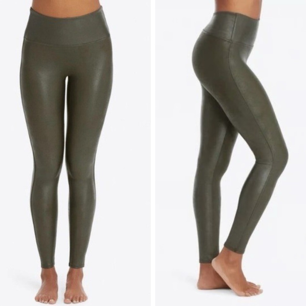 SPANX Shape NWT Faux Leather Leggings in Rich Olive Green Shaping Waistband sz M